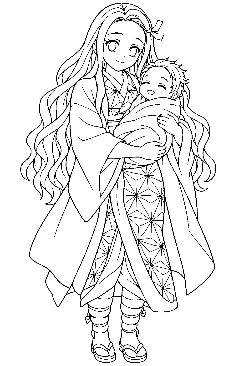 human nezuko carrying her baby brother rokuta line art