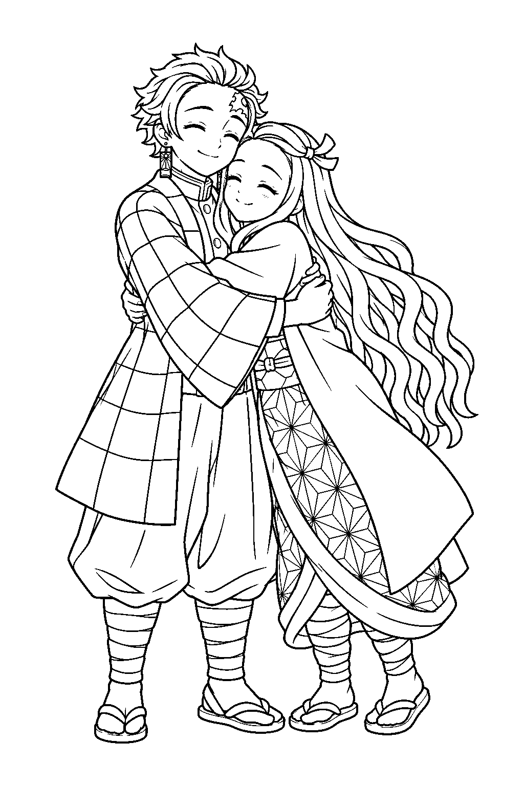 human nezuko hugging tanjiro after the final battle line art