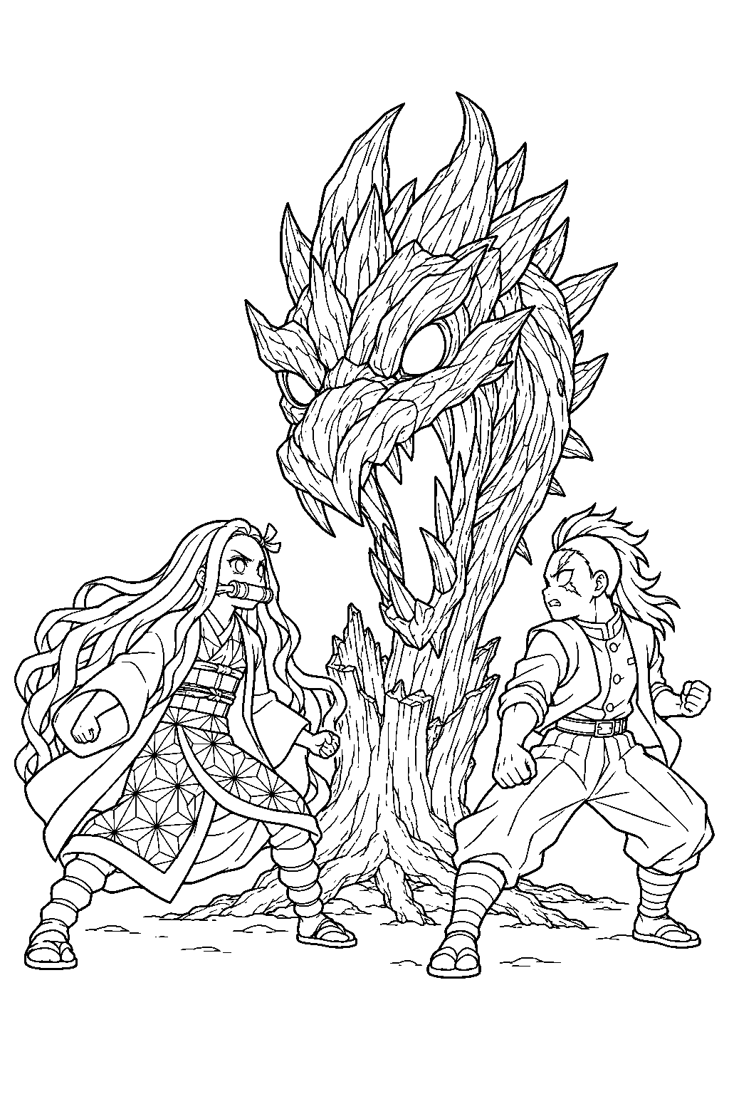 nezuko and genya facing hantengu s wooden dragon line art