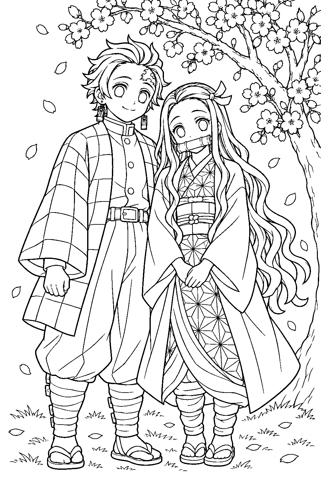 nezuko and tanjiro beneath a blooming cherry tree line art