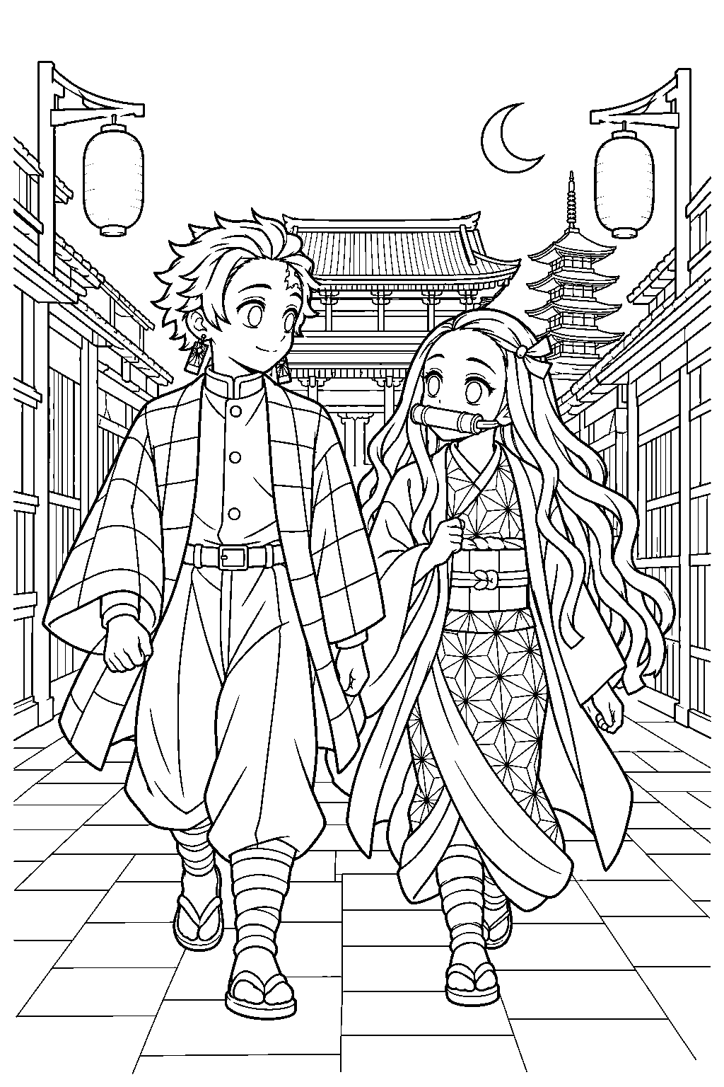 nezuko and tanjiro walking through asakusa at night line art