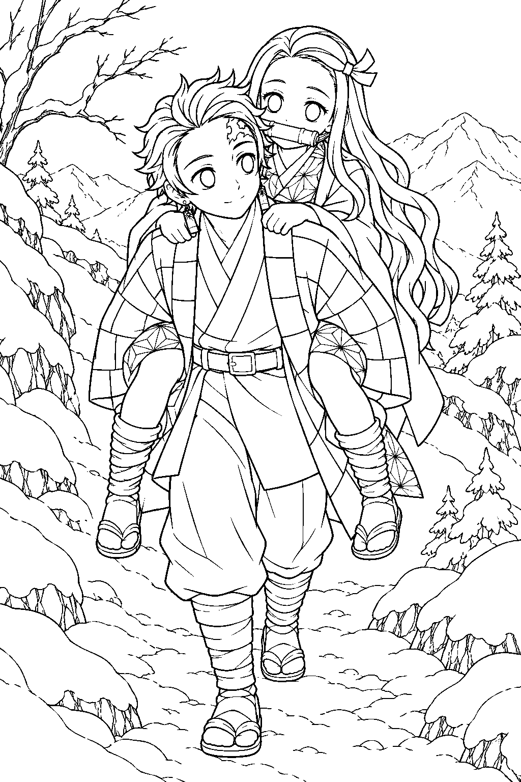 nezuko being carried by tanjiro down a snowy mountain line art
