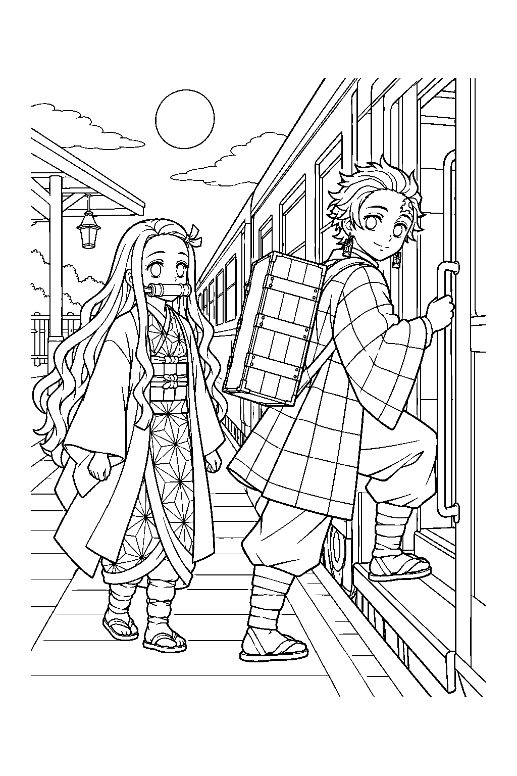 nezuko boarding the mugen train with tanjiro at night line art