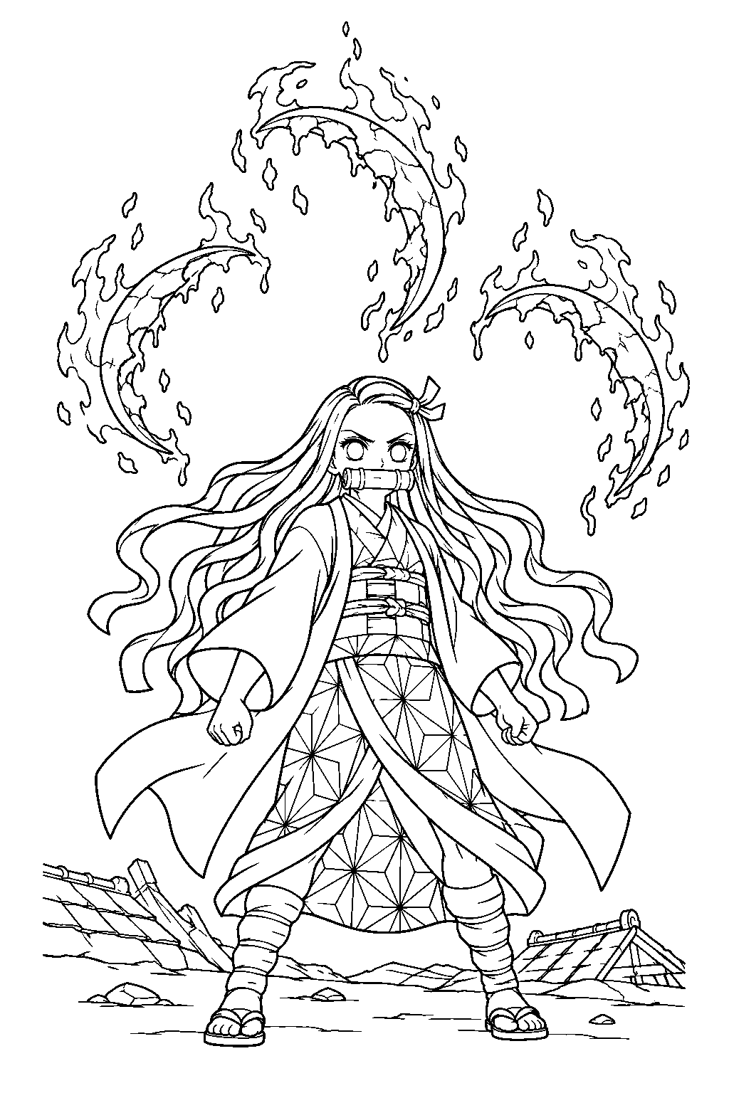 nezuko burning gyutaro s blood sickles above the ruined district line art