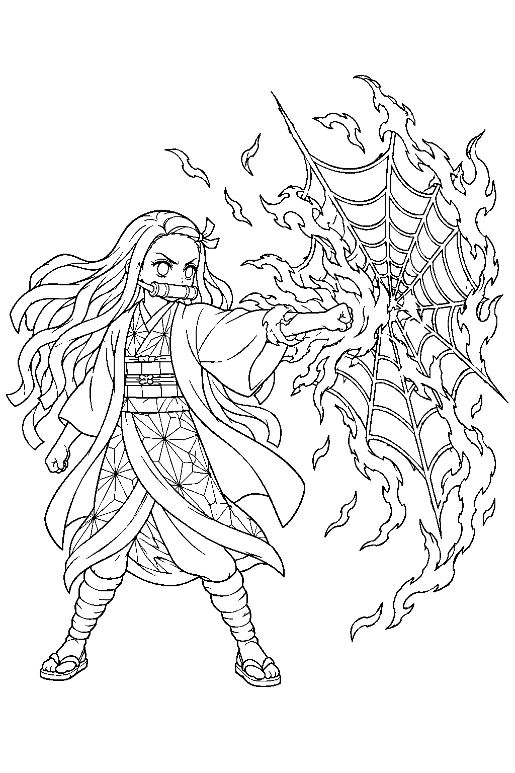 nezuko burning rui s web with her blood demon art line art