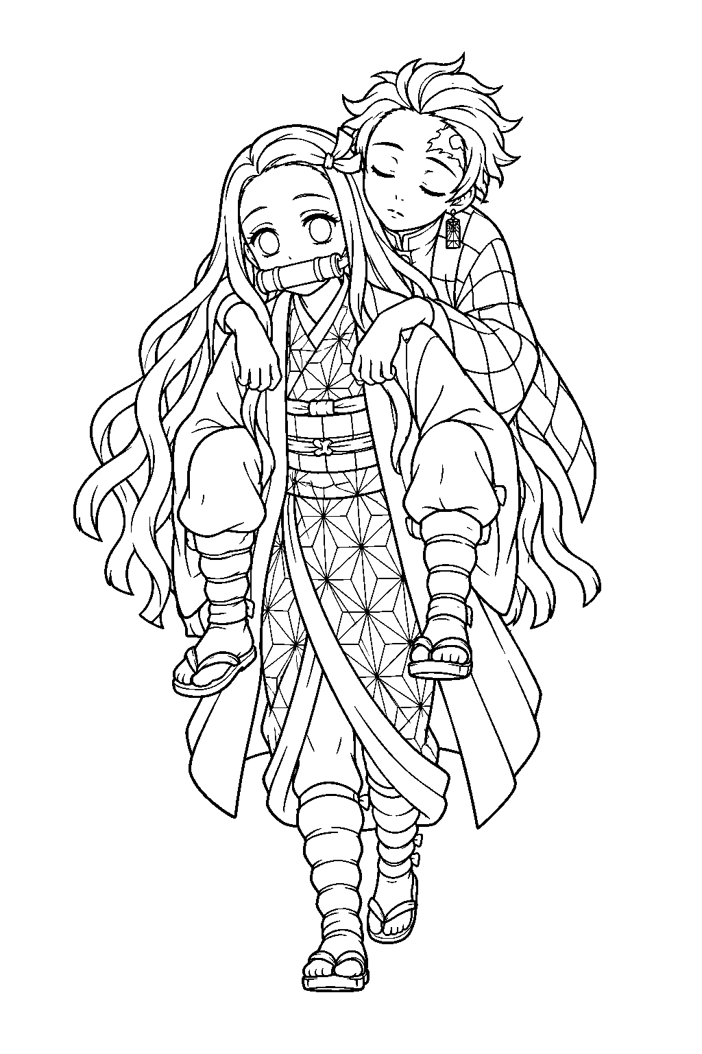 nezuko carrying tanjiro piggyback after the entertainment district battle line art