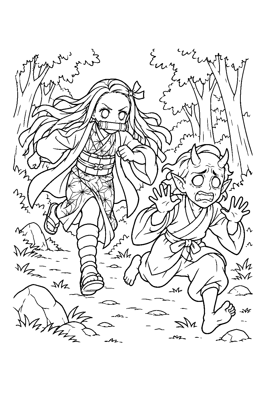 nezuko chasing hantengu through the swordsmith village forest line art