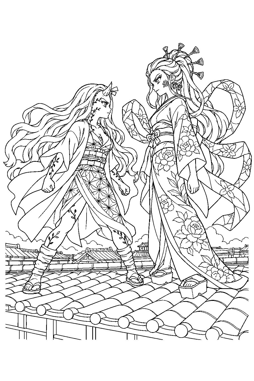nezuko facing daki on an entertainment district rooftop line art