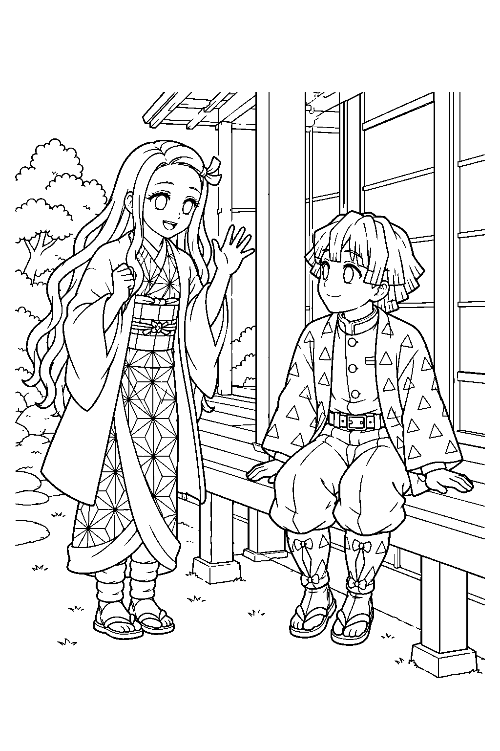 nezuko greeting zenitsu on the butterfly mansion veranda line art