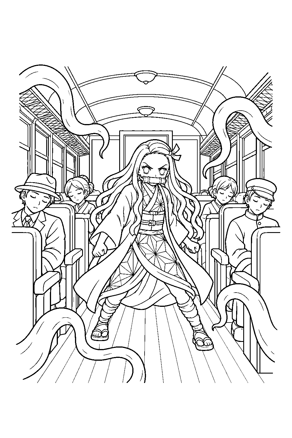 nezuko guarding sleeping passengers from enmu s tentacles line art