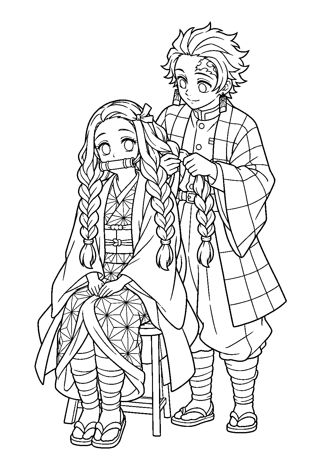 nezuko having her hair braided like mitsuri s by tanjiro line art