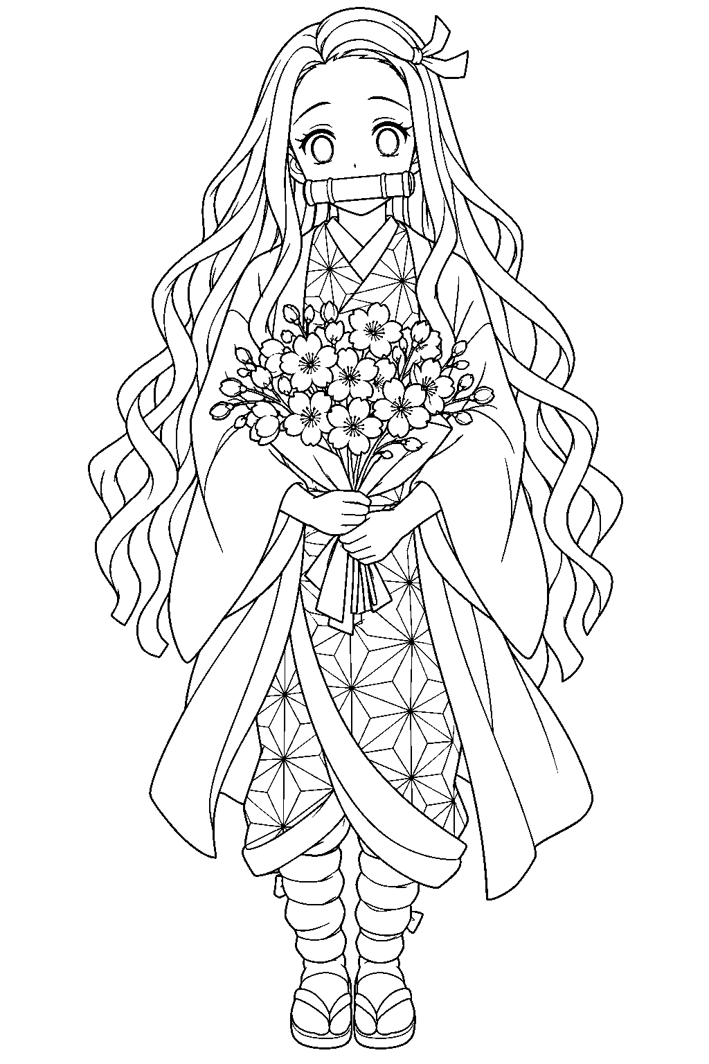 nezuko holding a bouquet of cherry blossoms line art