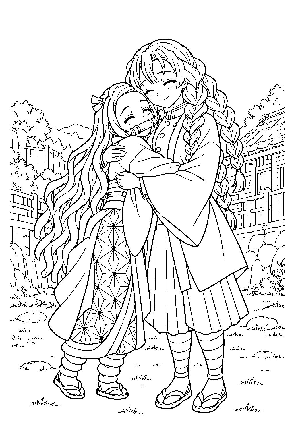 nezuko hugging mitsuri kanroji in the swordsmith village line art