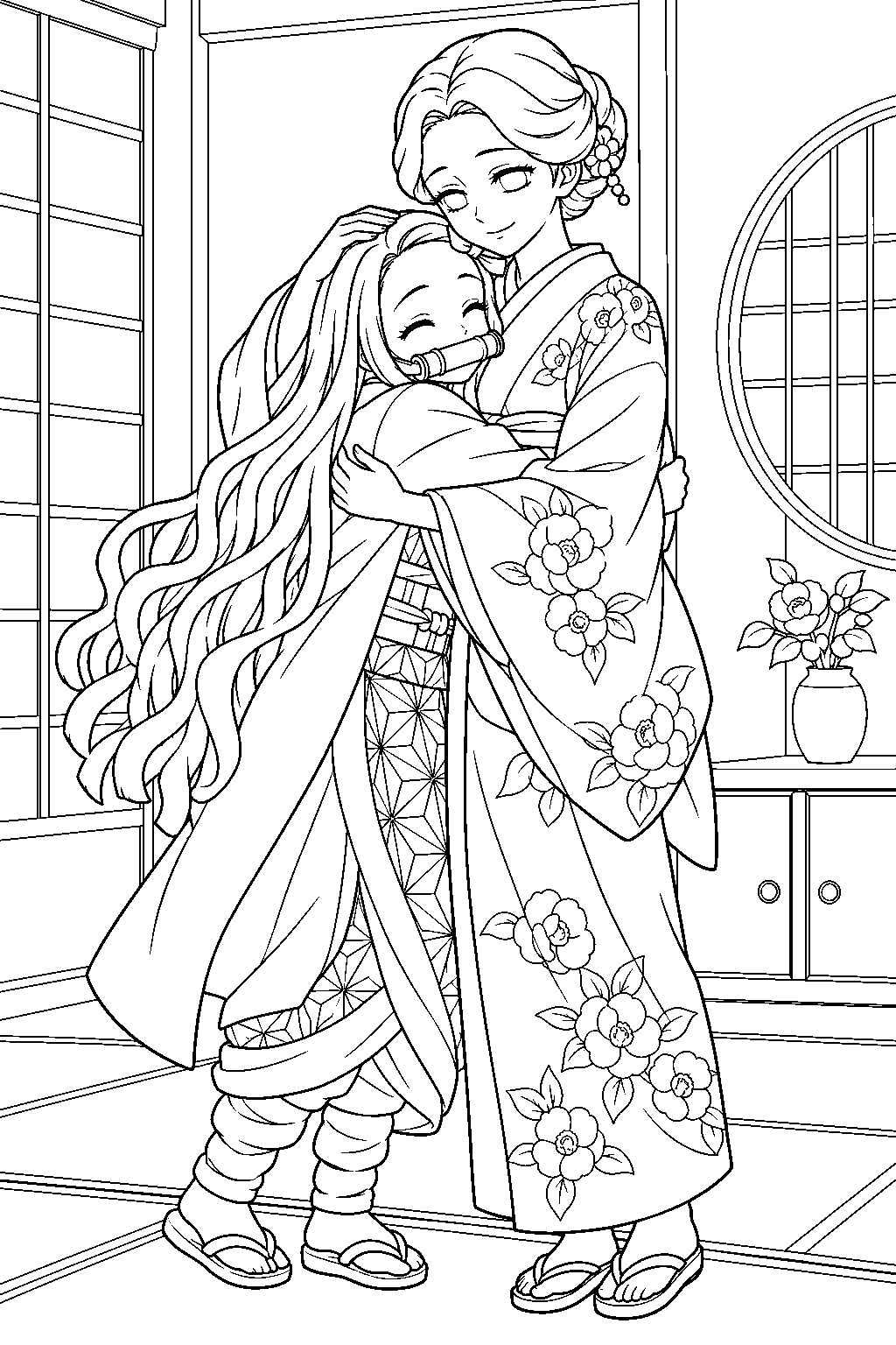 nezuko hugging tamayo in her asakusa home line art
