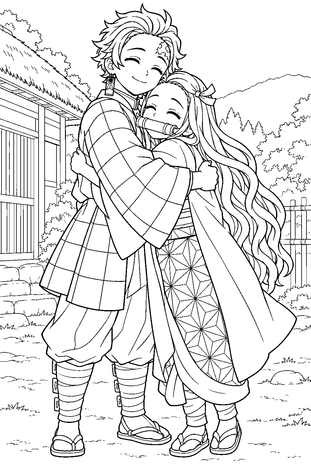 nezuko hugging tanjiro after his final selection line art