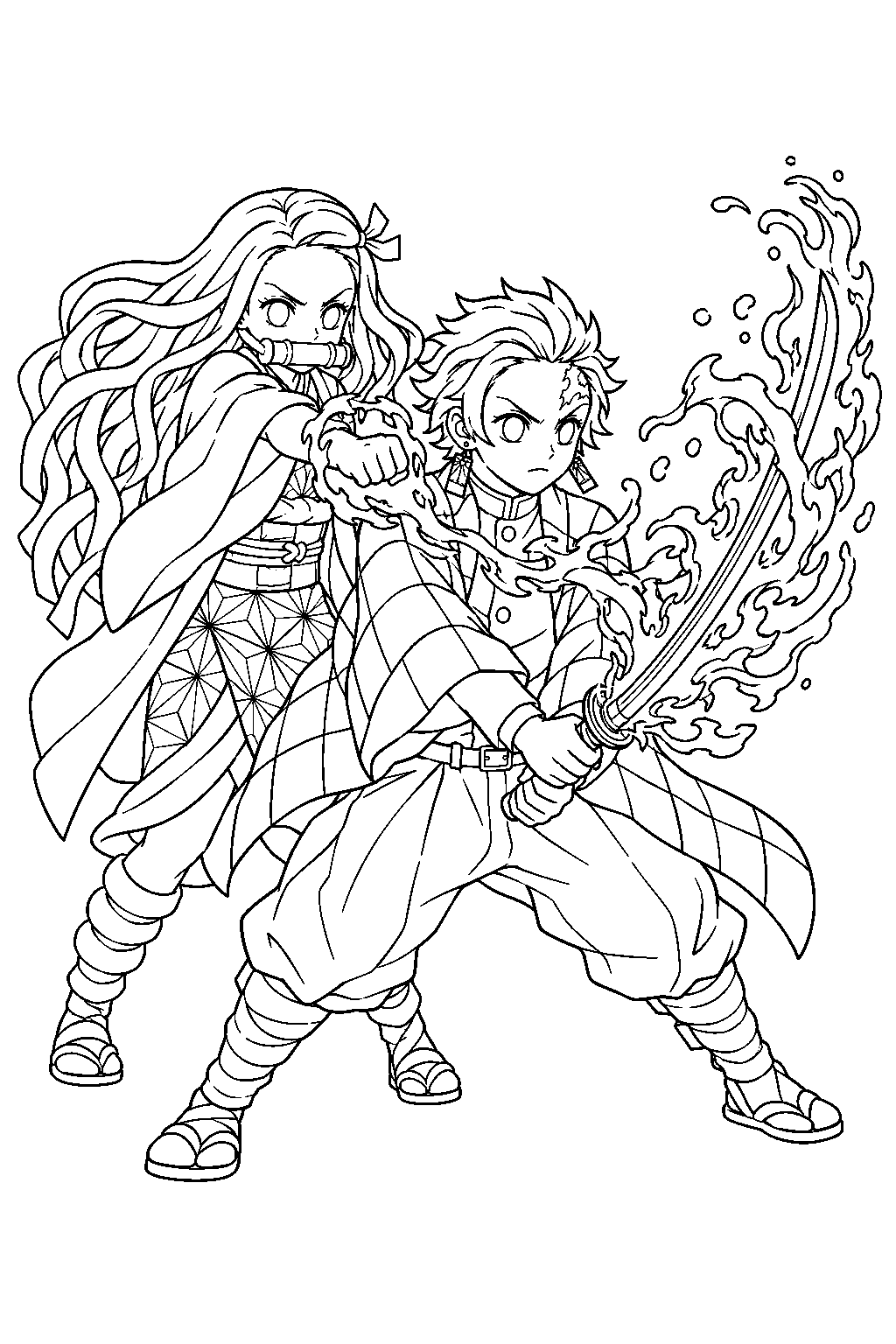 nezuko igniting tanjiro s nichirin sword with exploding blood line art