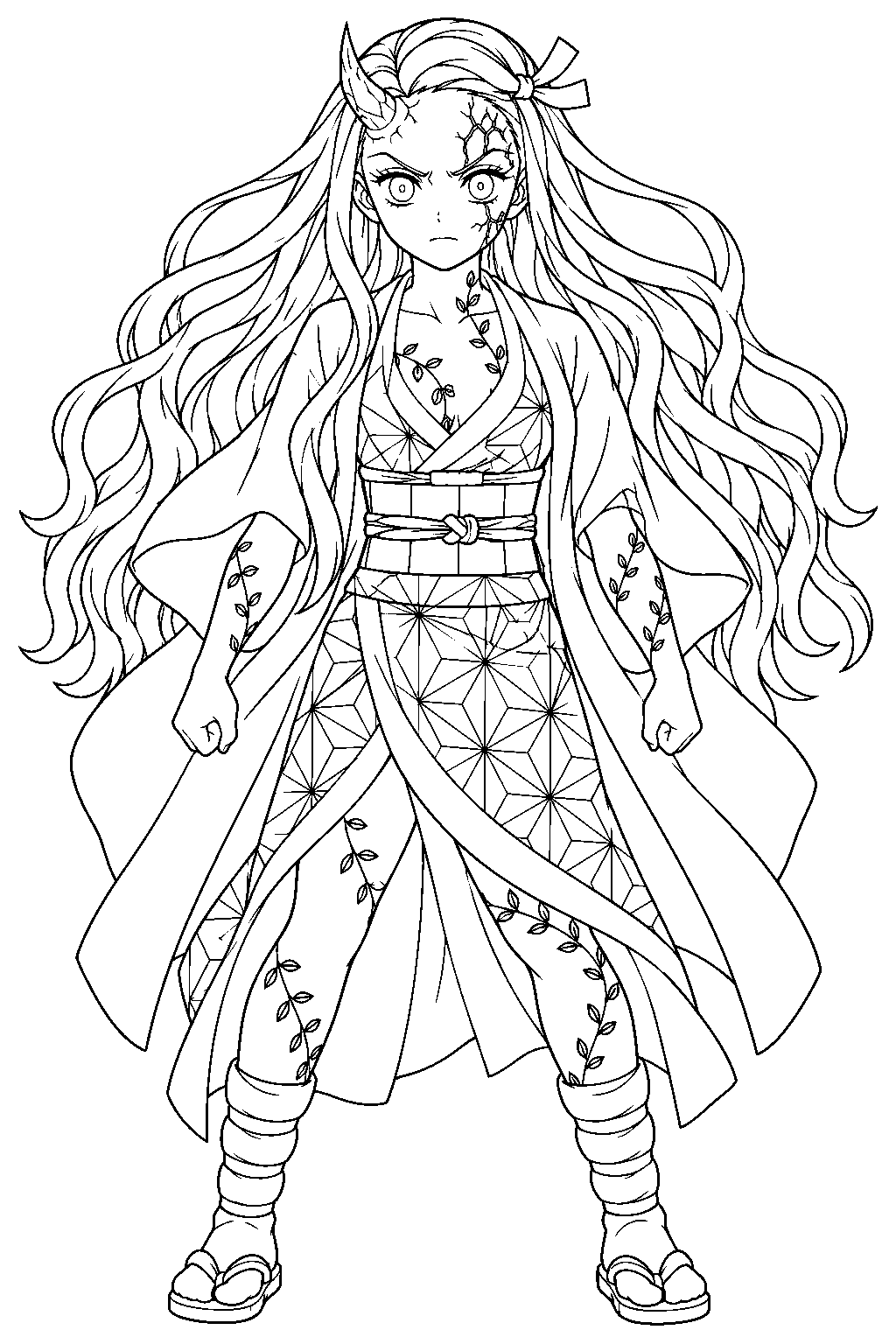 nezuko in awakened demon form with a horn and vine markings line art