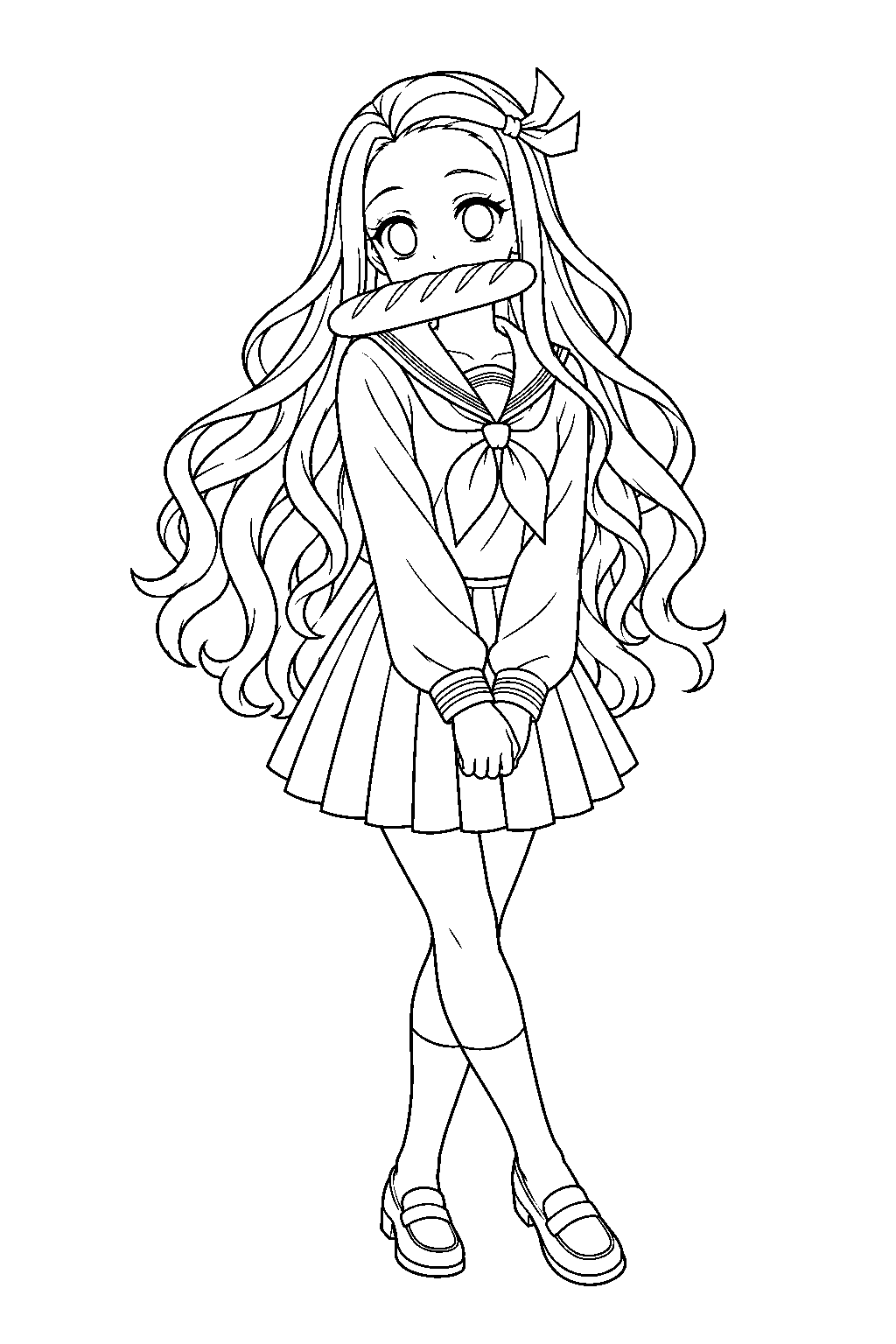 nezuko in her kimetsu academy school uniform with a baguette line art