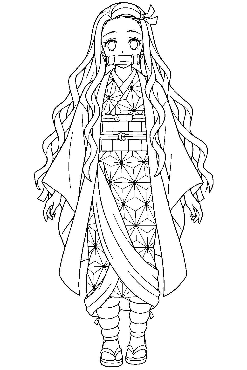 nezuko kamado in her patterned kimono with a bamboo muzzle line art