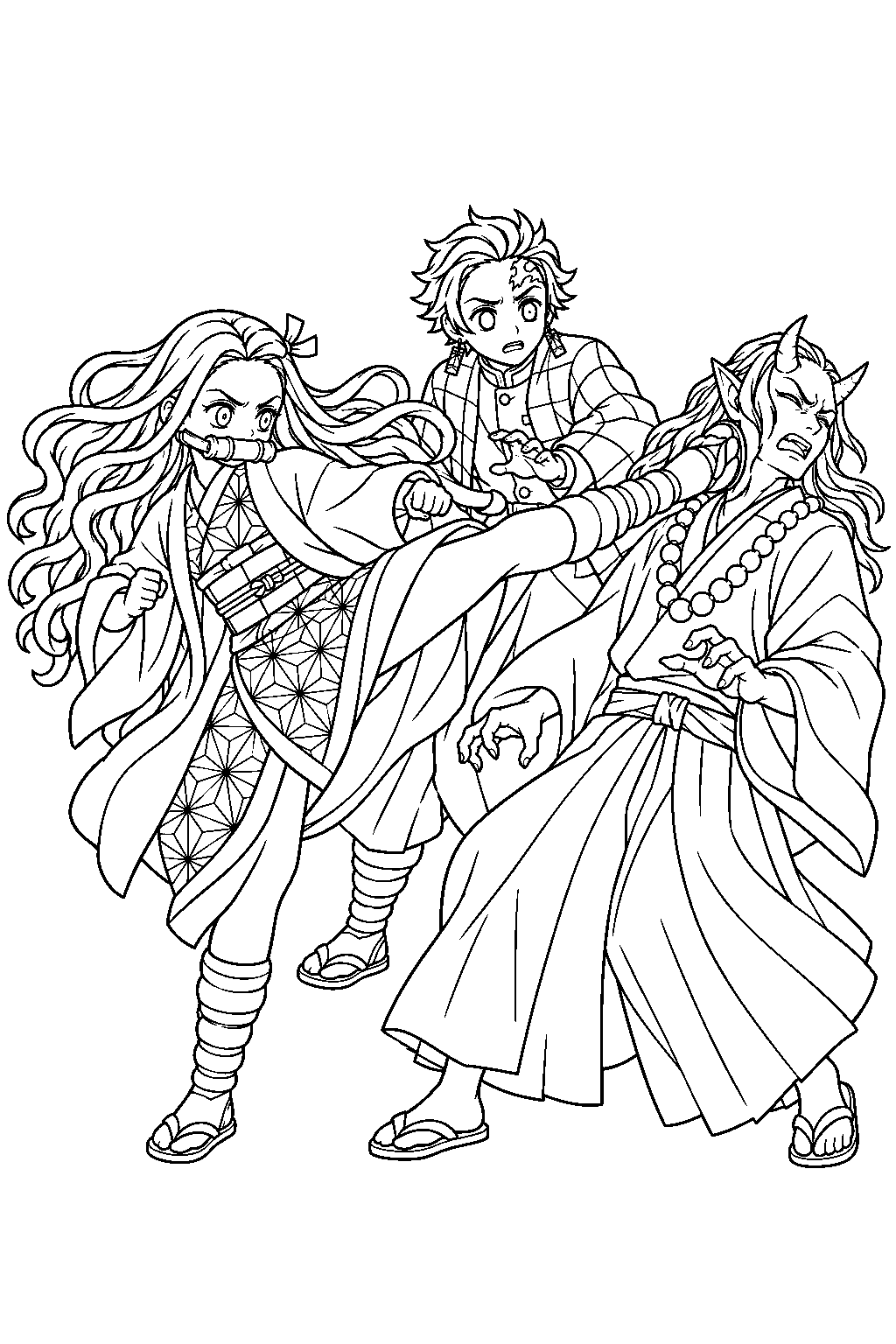 nezuko kicking the temple demon away from tanjiro line art
