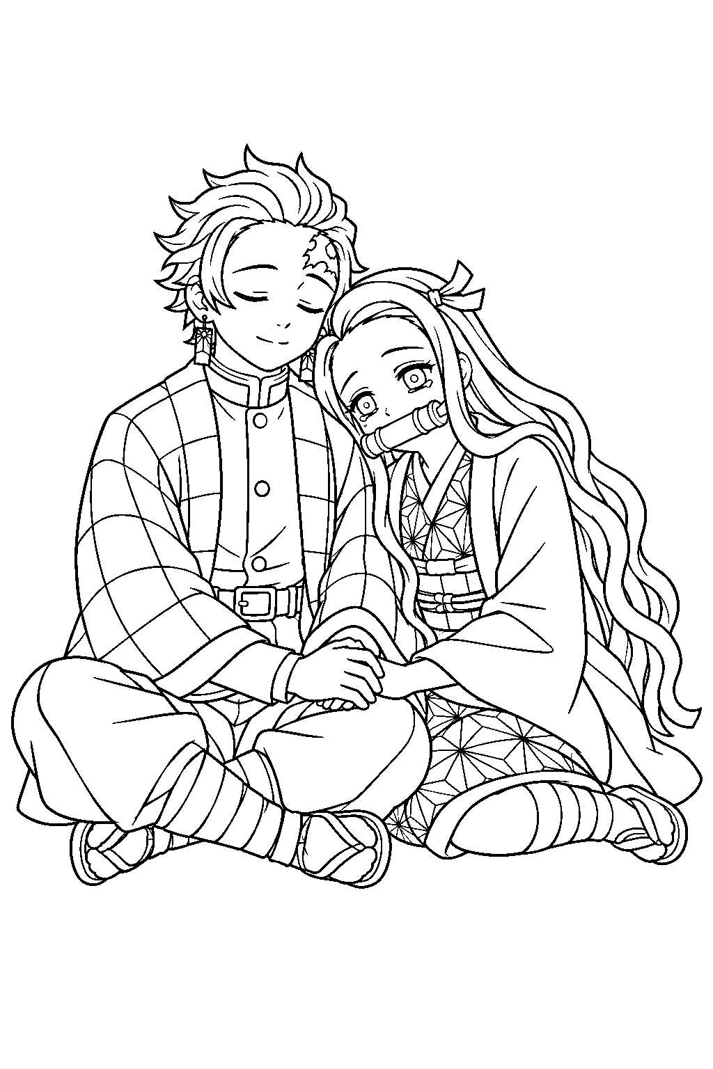nezuko listening to tanjiro s lullaby after the battle with daki line art