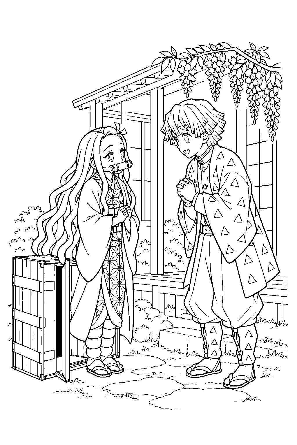 nezuko meeting zenitsu at the wisteria crest house line art