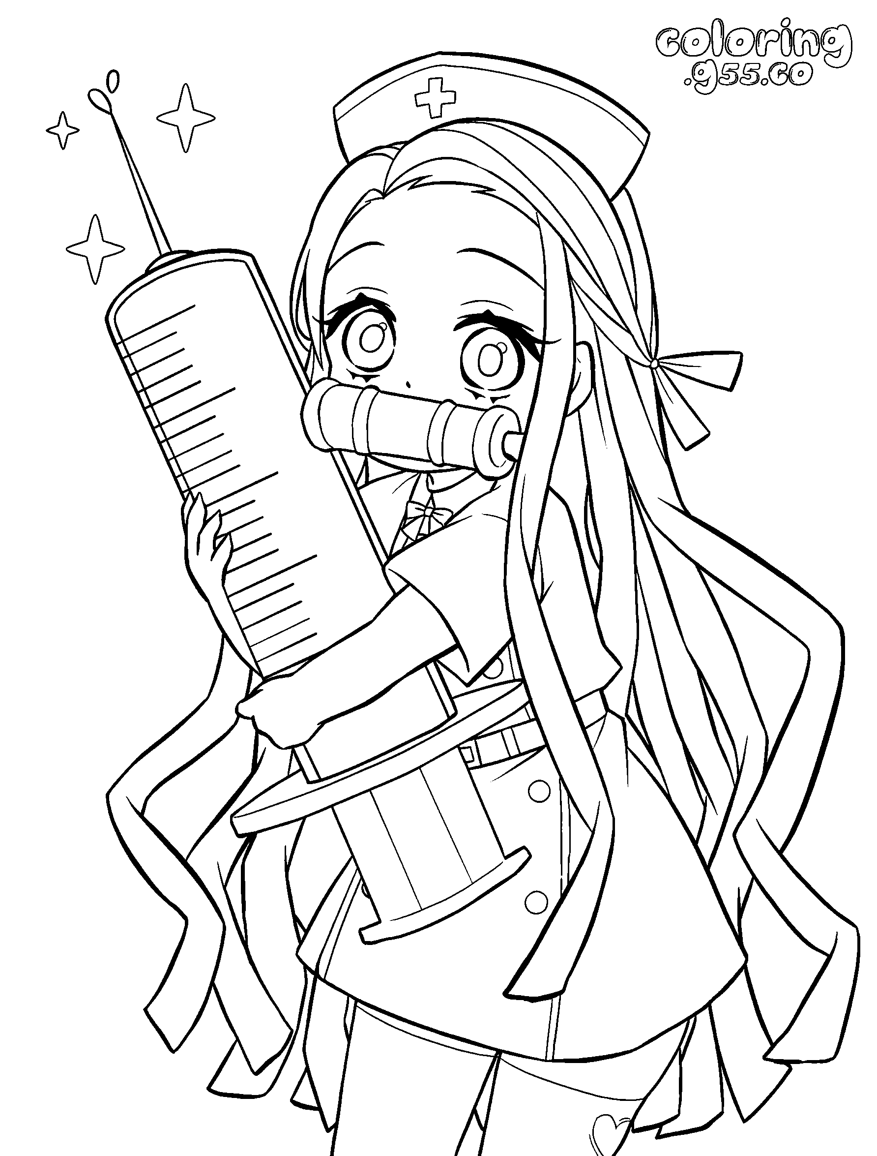 nezuko nurse giant syringe anime kawaii line art for kids