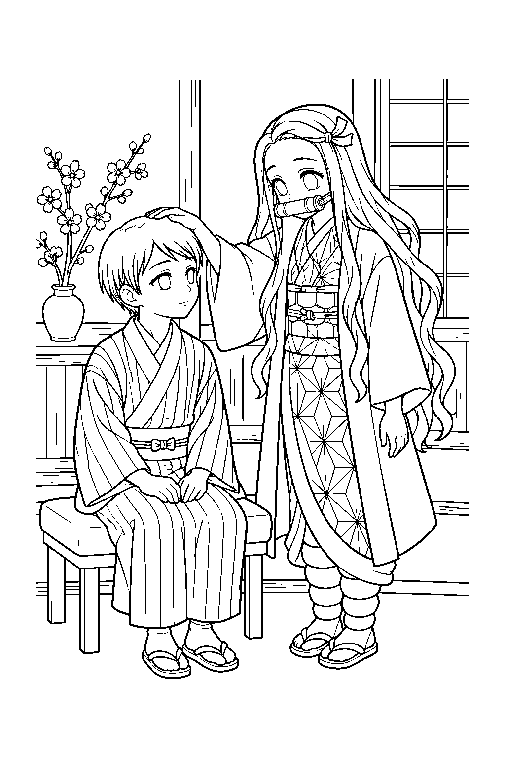 nezuko patting yushiro s head in tamayo s home line art