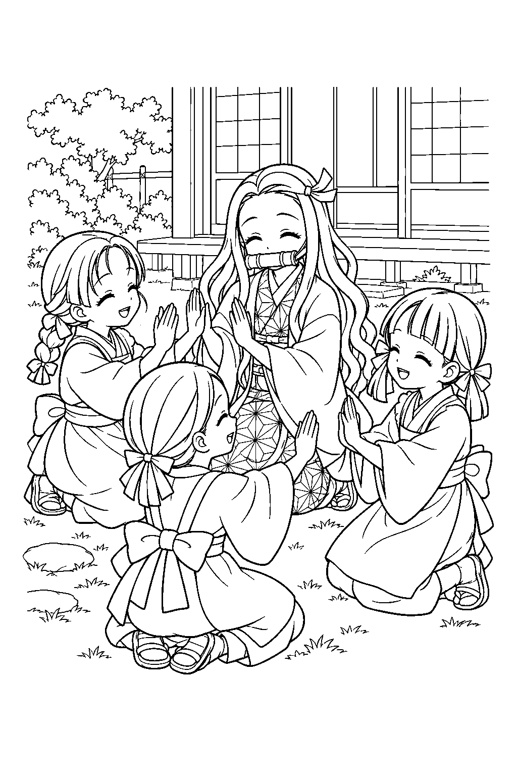nezuko playing with kiyo sumi and naho at the butterfly mansion line art