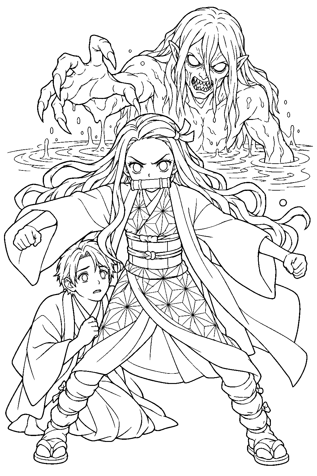 nezuko protecting kazumi from the swamp demon line art