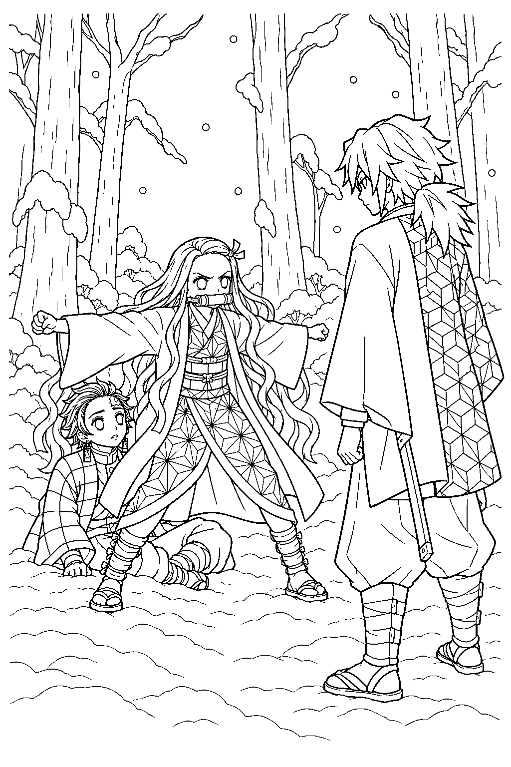nezuko protecting tanjiro from giyu in a snowy forest line art