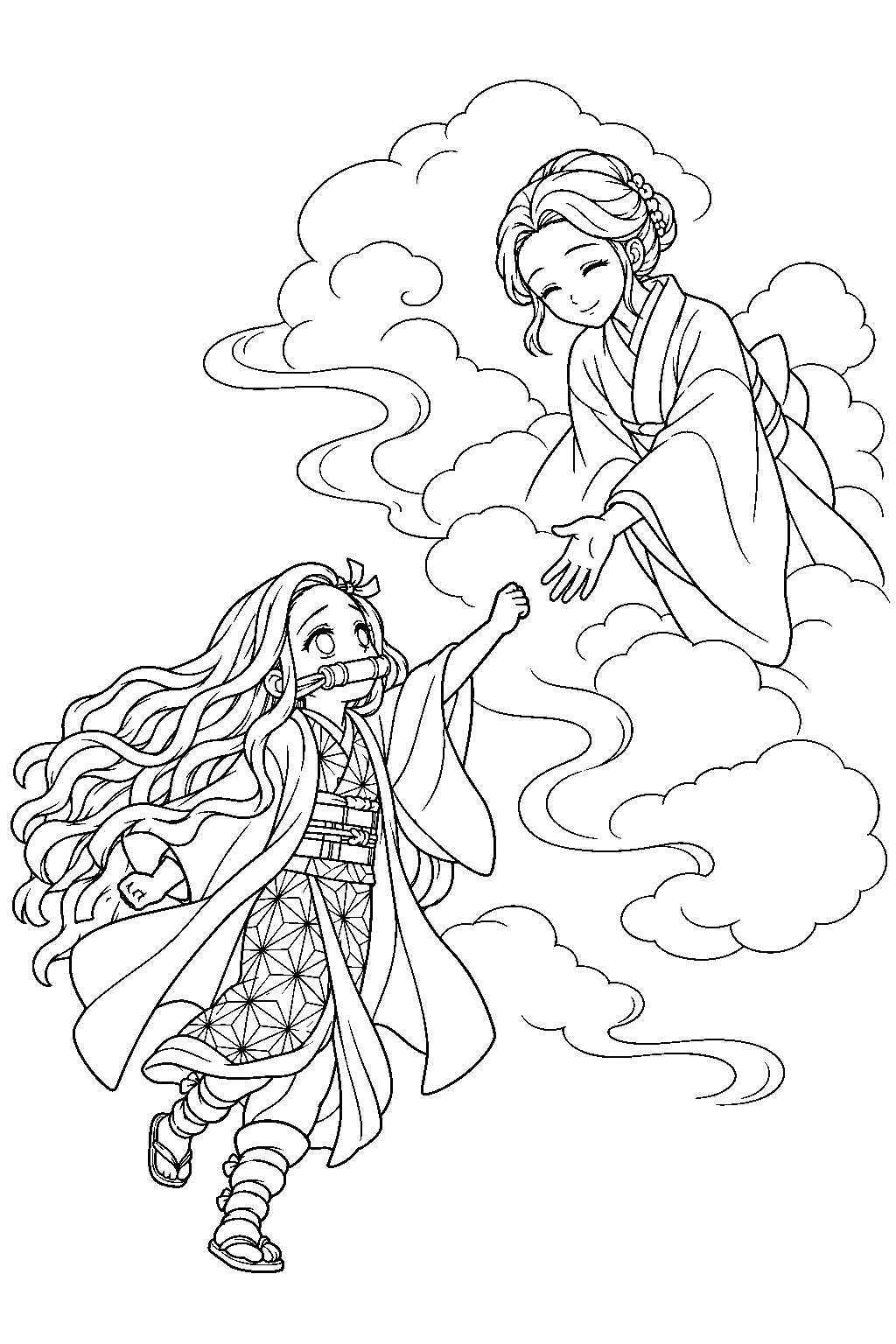 nezuko reaching toward her mother kie in a dream line art