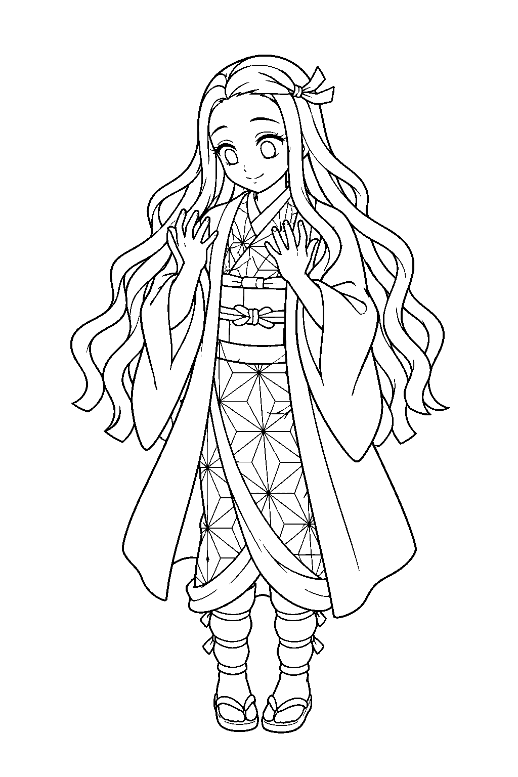 nezuko regaining her human form and looking at her hands line art