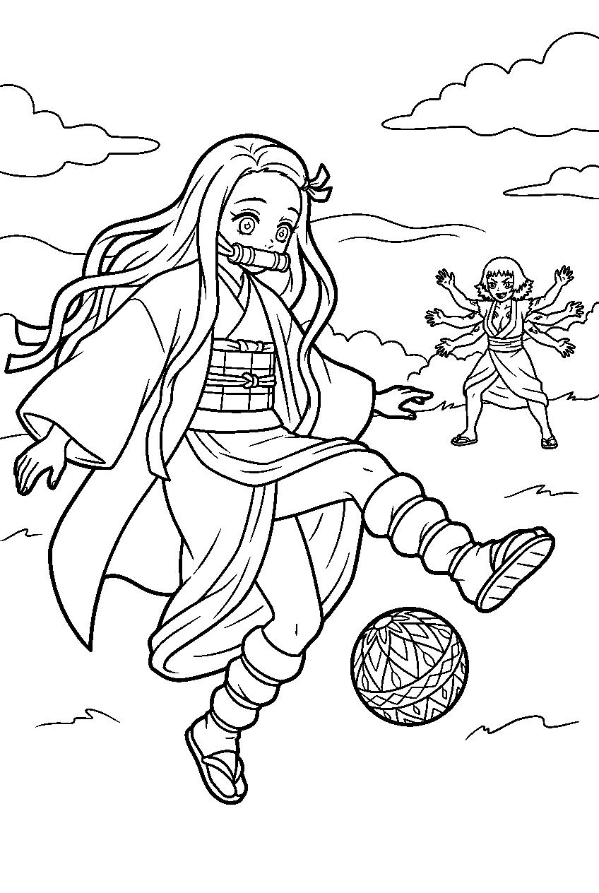 nezuko returning susamaru s temari ball with a kick line art