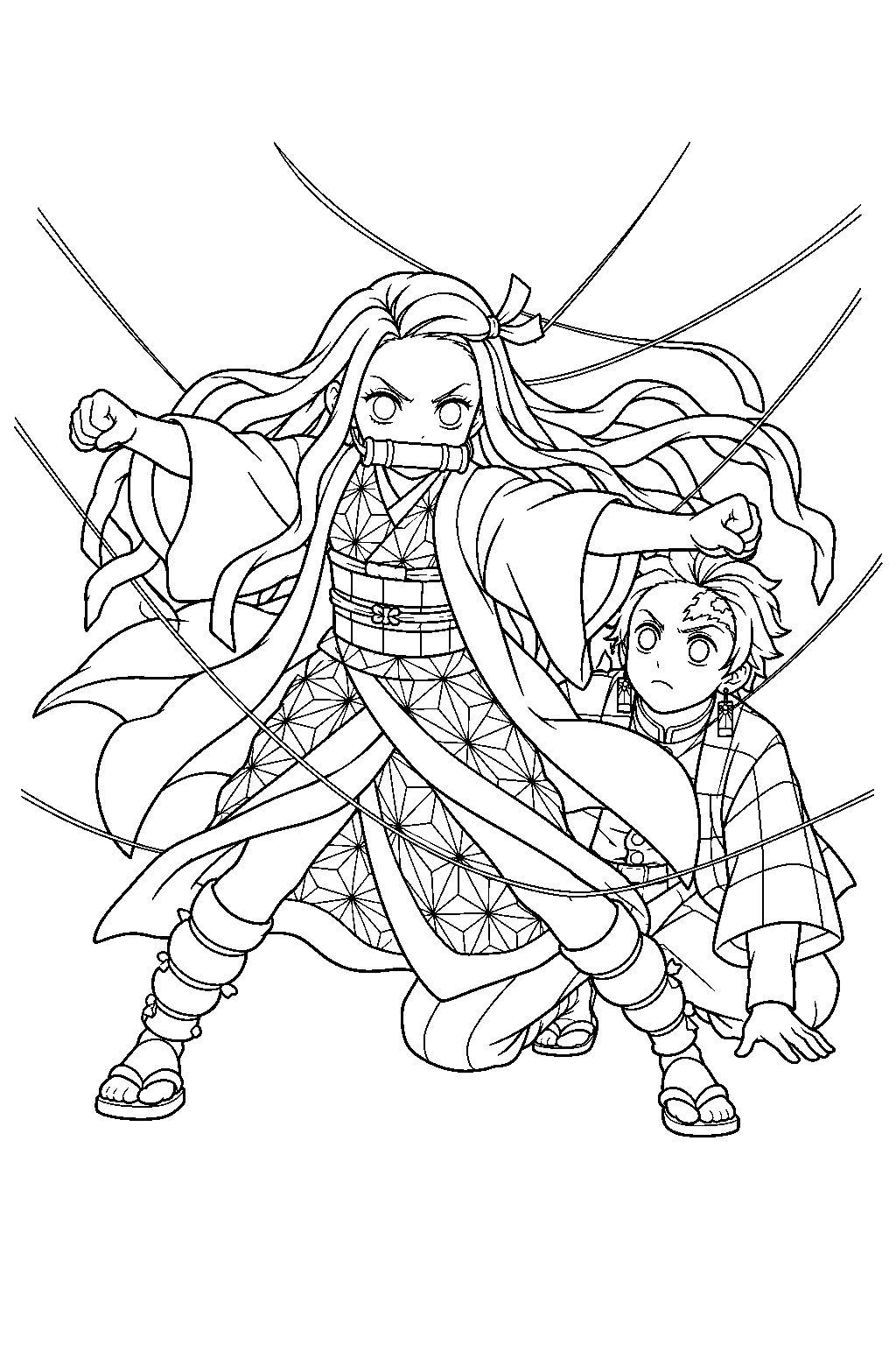 nezuko shielding tanjiro from rui s spider threads line art