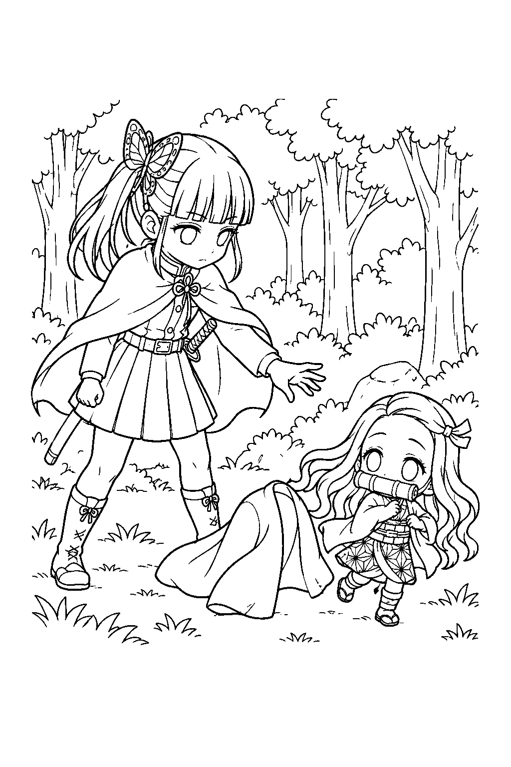 nezuko shrinking to escape kanao in the forest line art