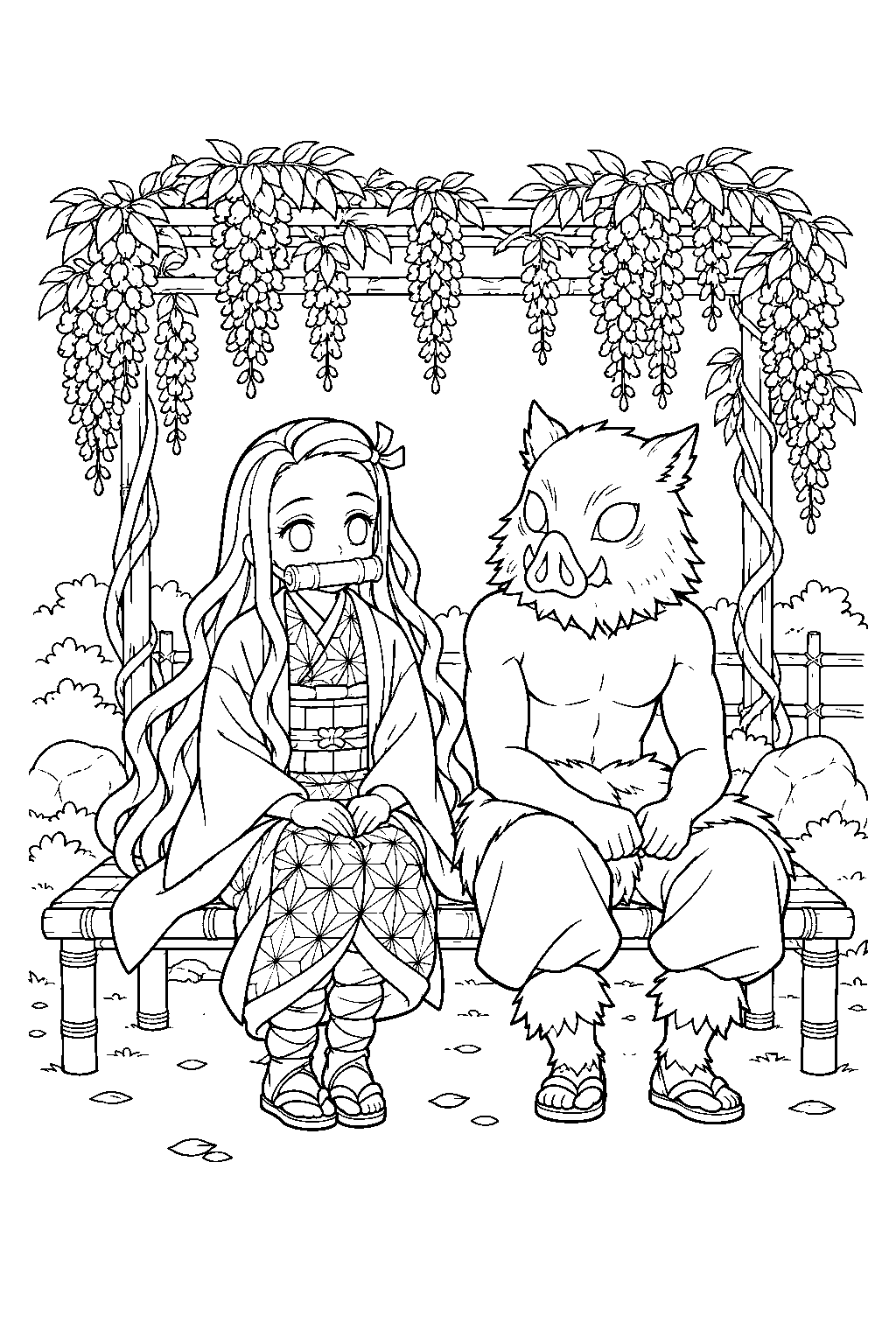 nezuko sitting beside inosuke in a wisteria garden line art