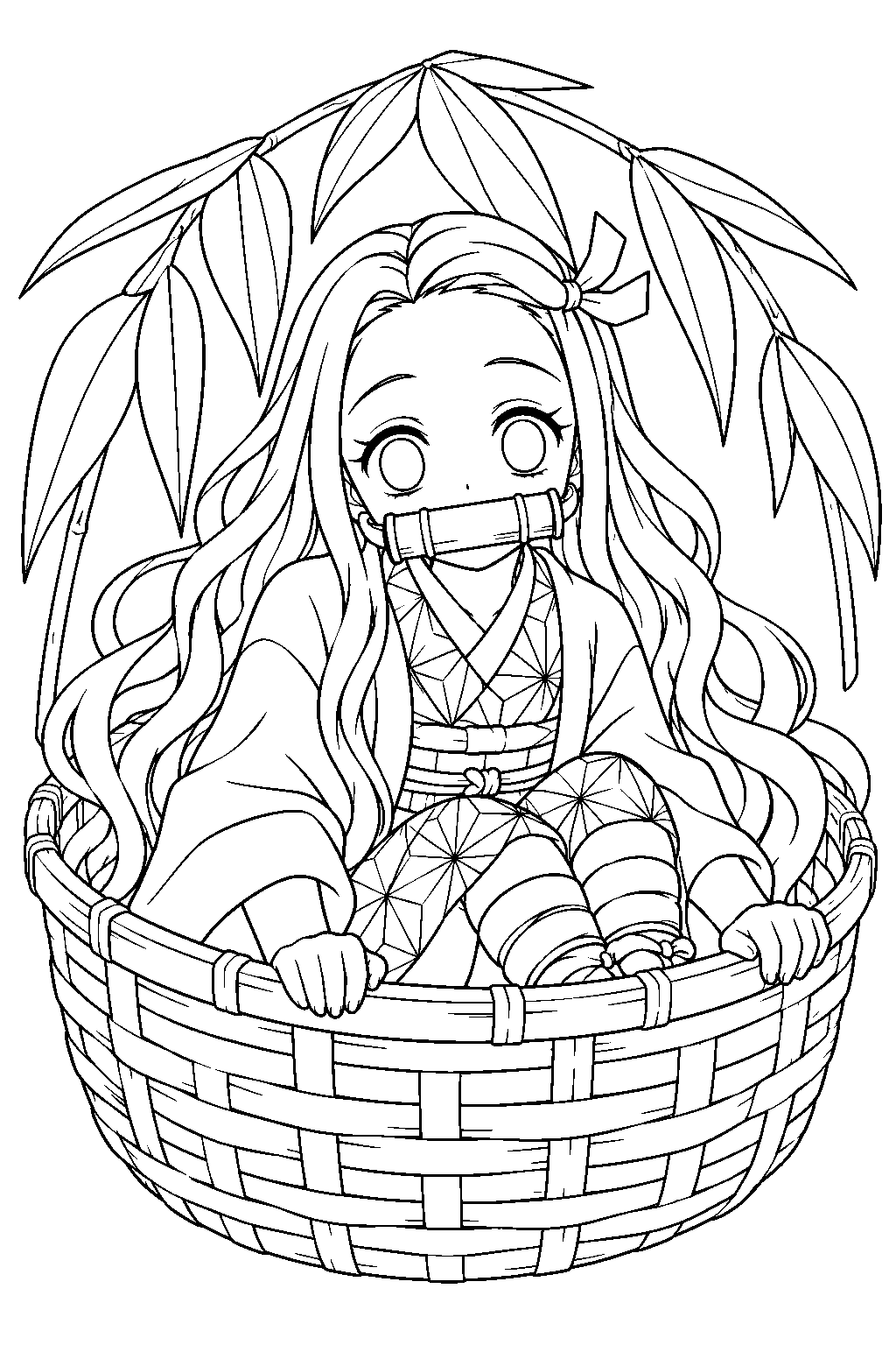 nezuko sitting in a woven basket sheltered by bamboo leaves line art