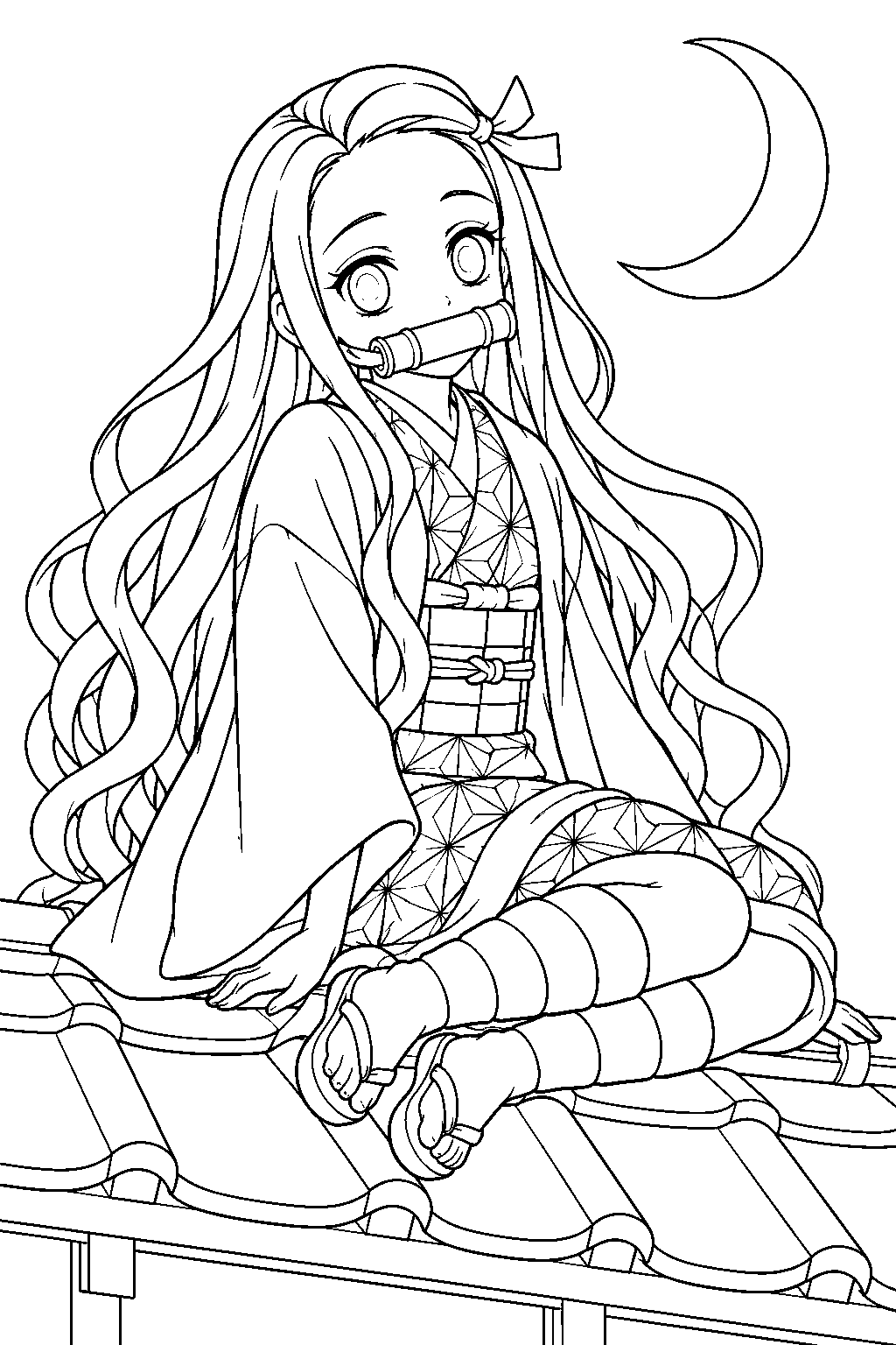 nezuko sitting on a rooftop beneath a crescent moon line art