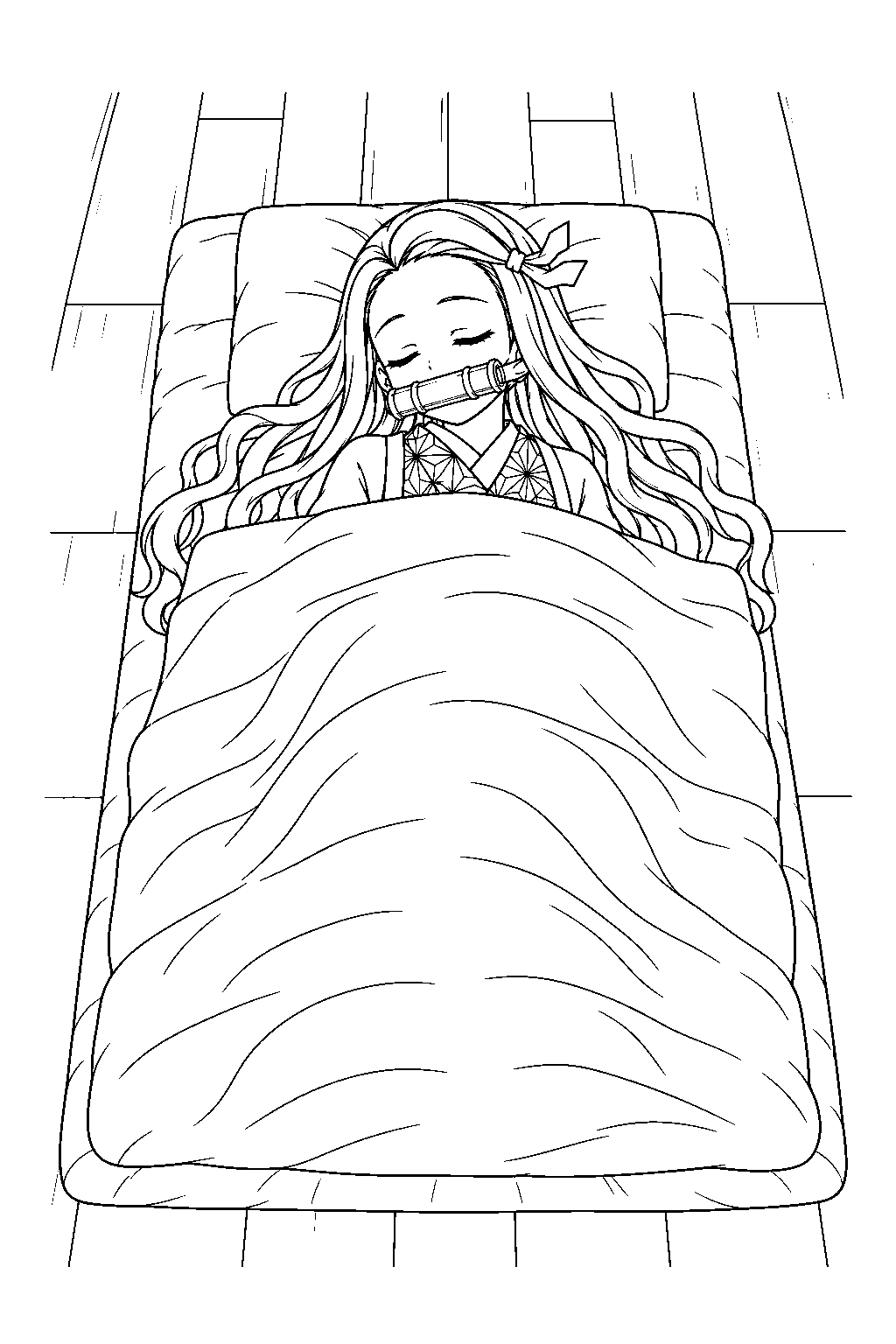 nezuko sleeping beneath a blanket at urokodaki s home line art