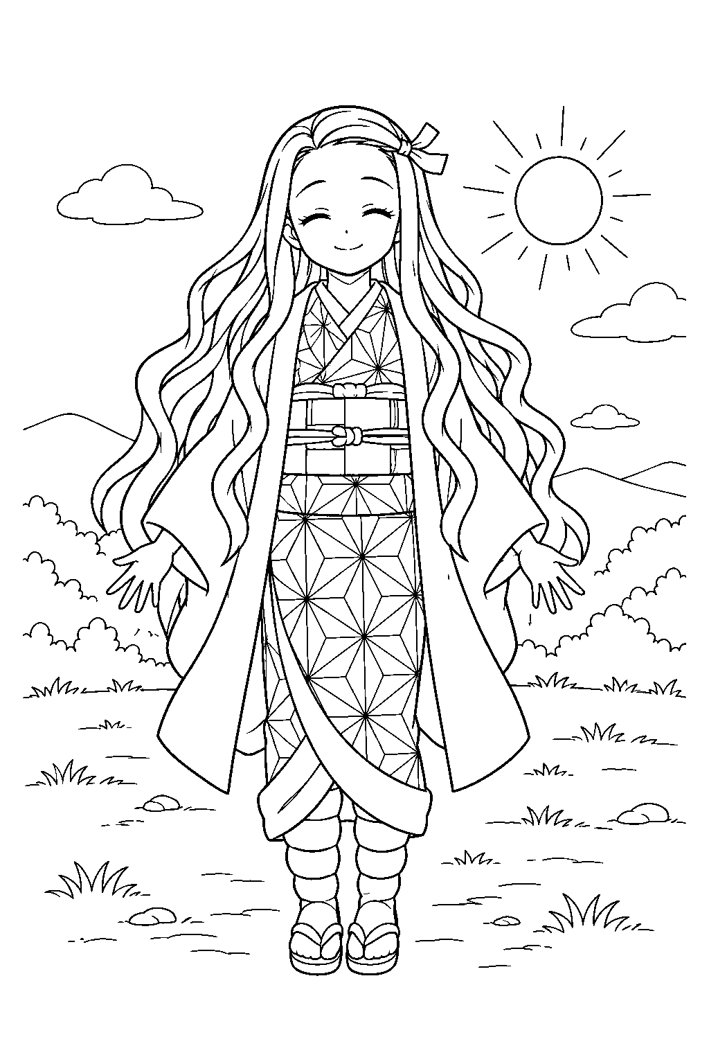 nezuko smiling in sunlight without her bamboo muzzle line art