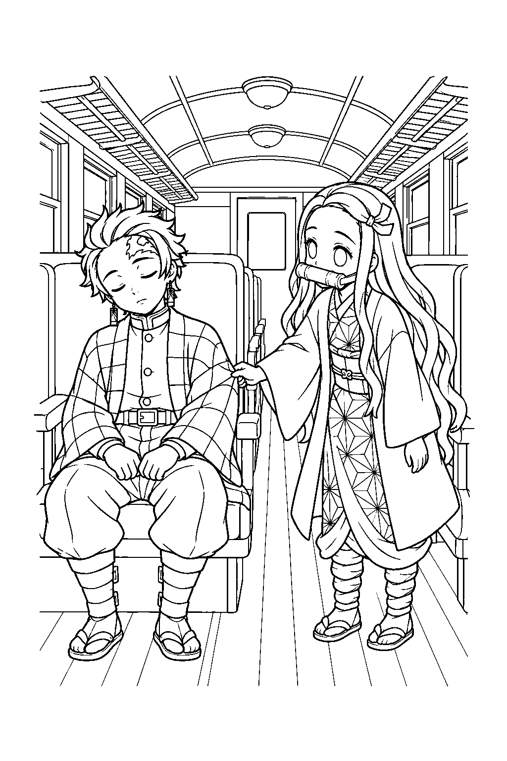 nezuko tugging tanjiro s sleeve to wake him on the mugen train line art