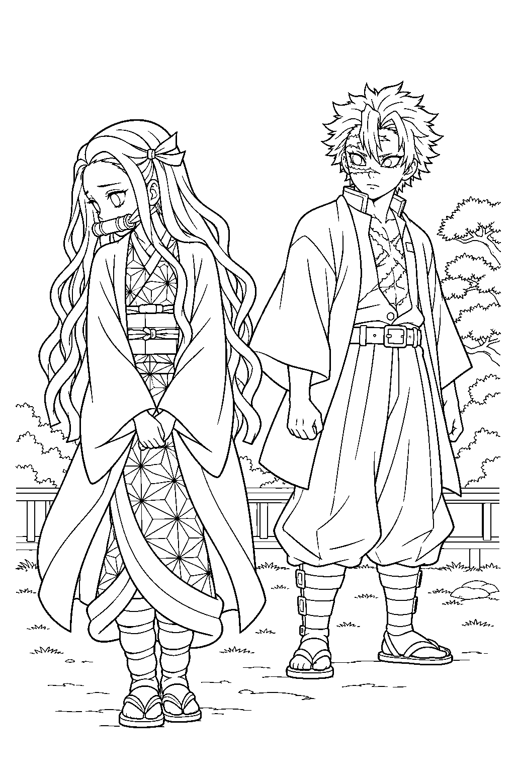 nezuko turning away from sanemi during the hashira meeting line art