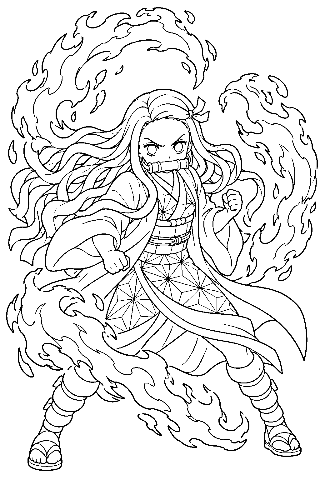 nezuko using exploding blood with swirling flames line art