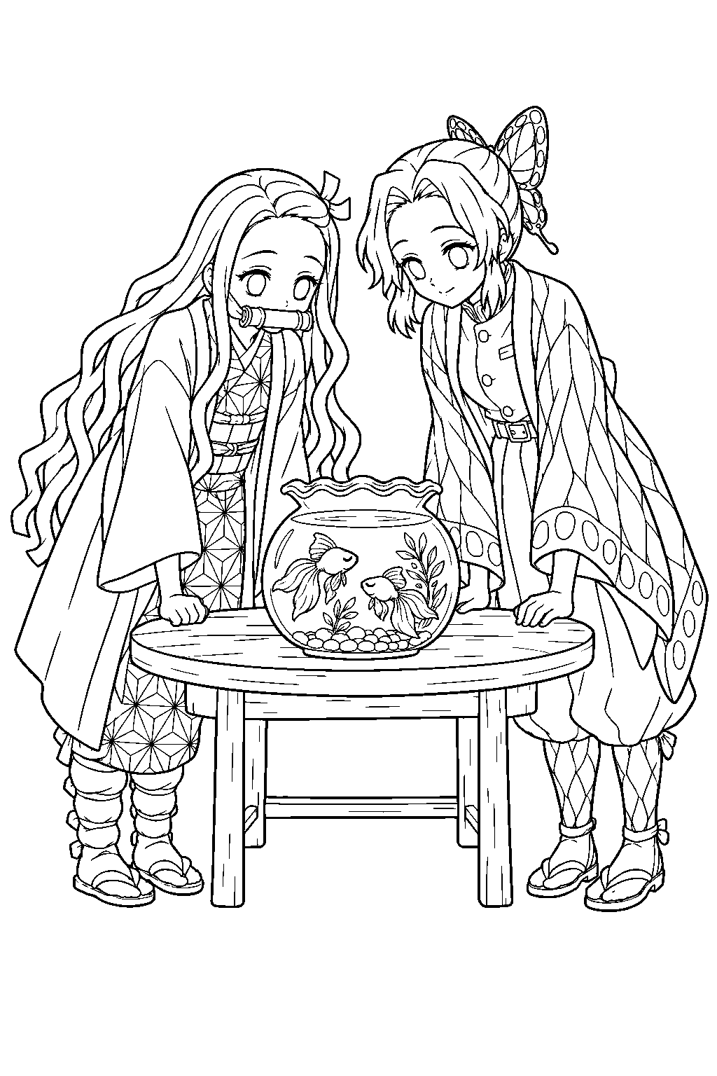nezuko watching shinobu s goldfish at the butterfly mansion line art