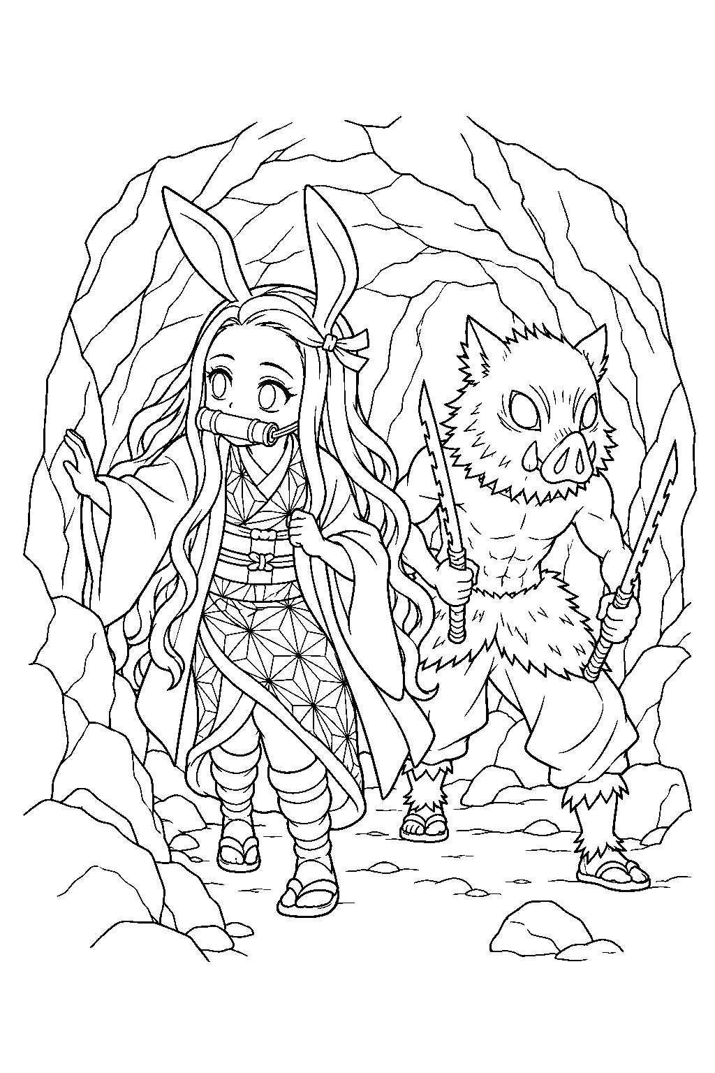 nezuko with bunny ears exploring a cave in inosuke s dream line art