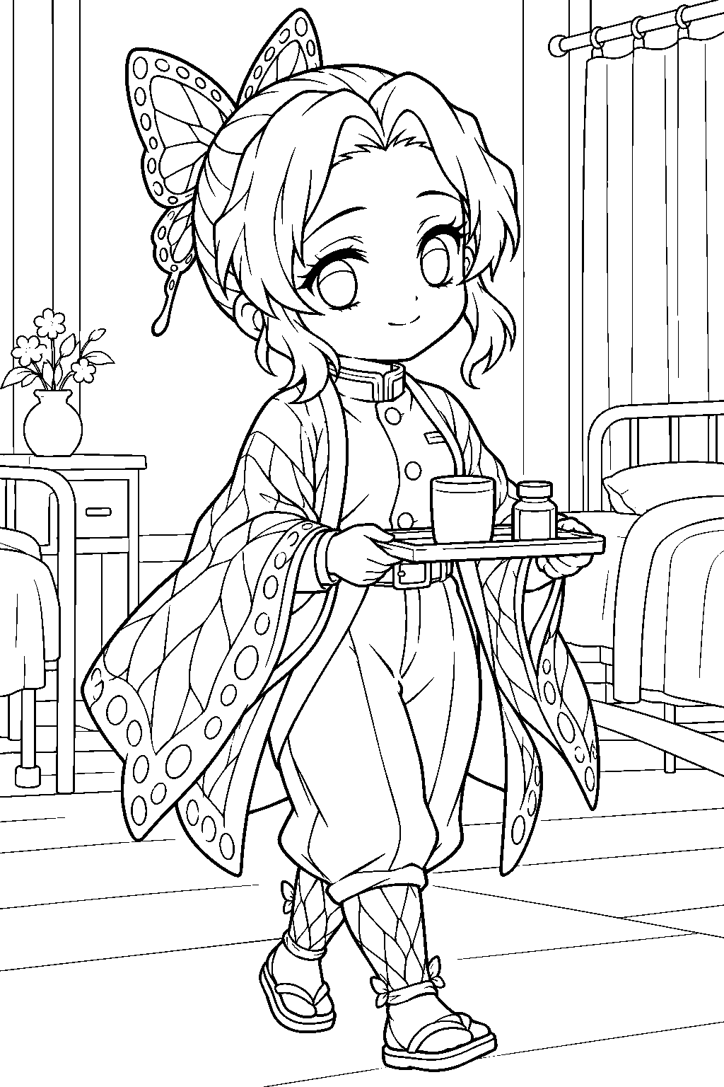 chibi shinobu kocho carrying a medicine tray through the recovery ward line art