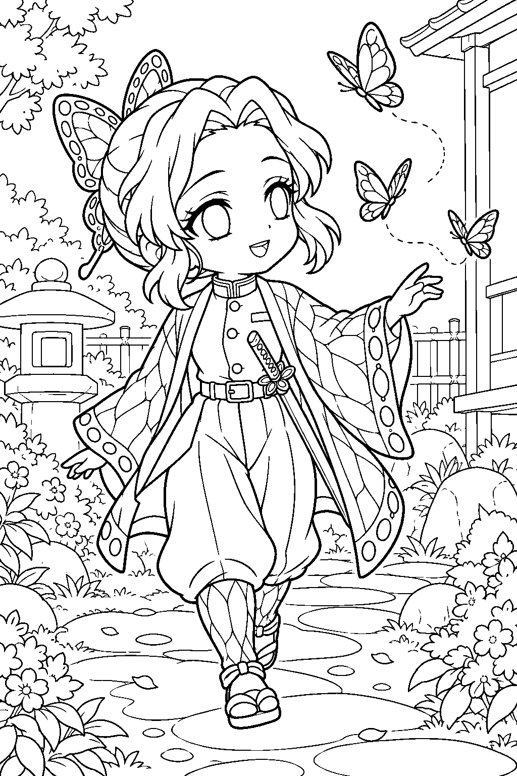 chibi shinobu kocho following butterflies through the butterfly mansion garden line art
