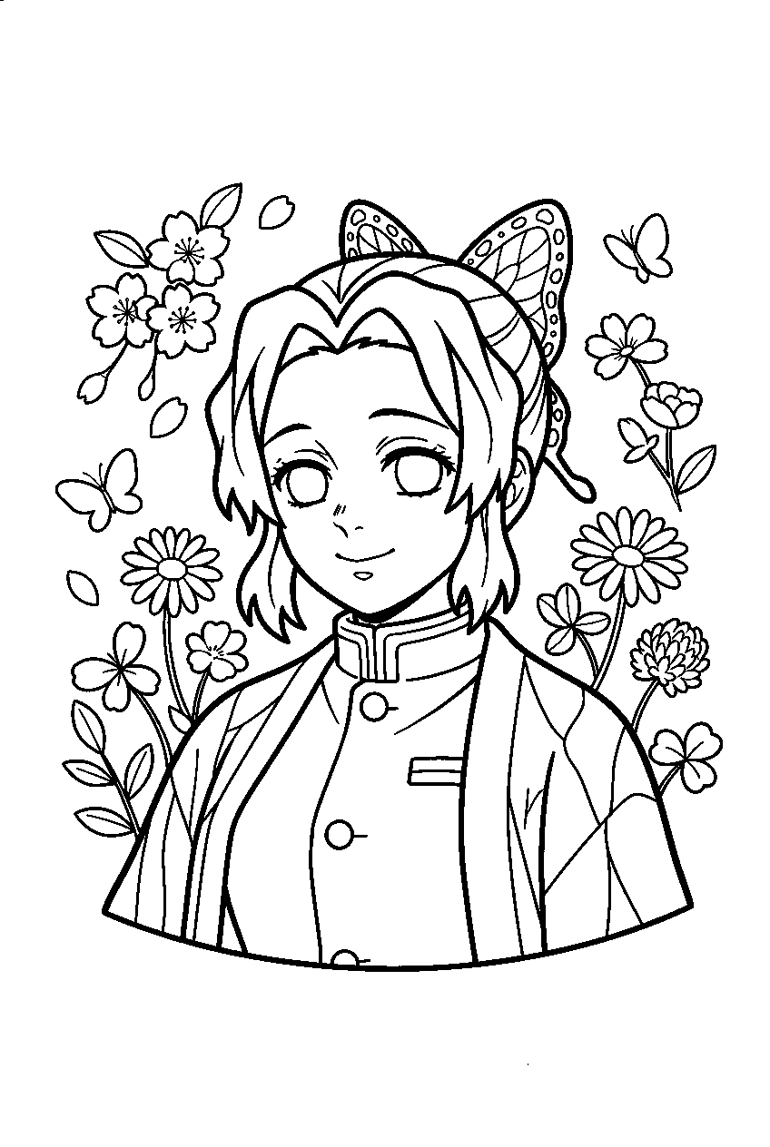 demon slayer shinobu in flower meadow line art