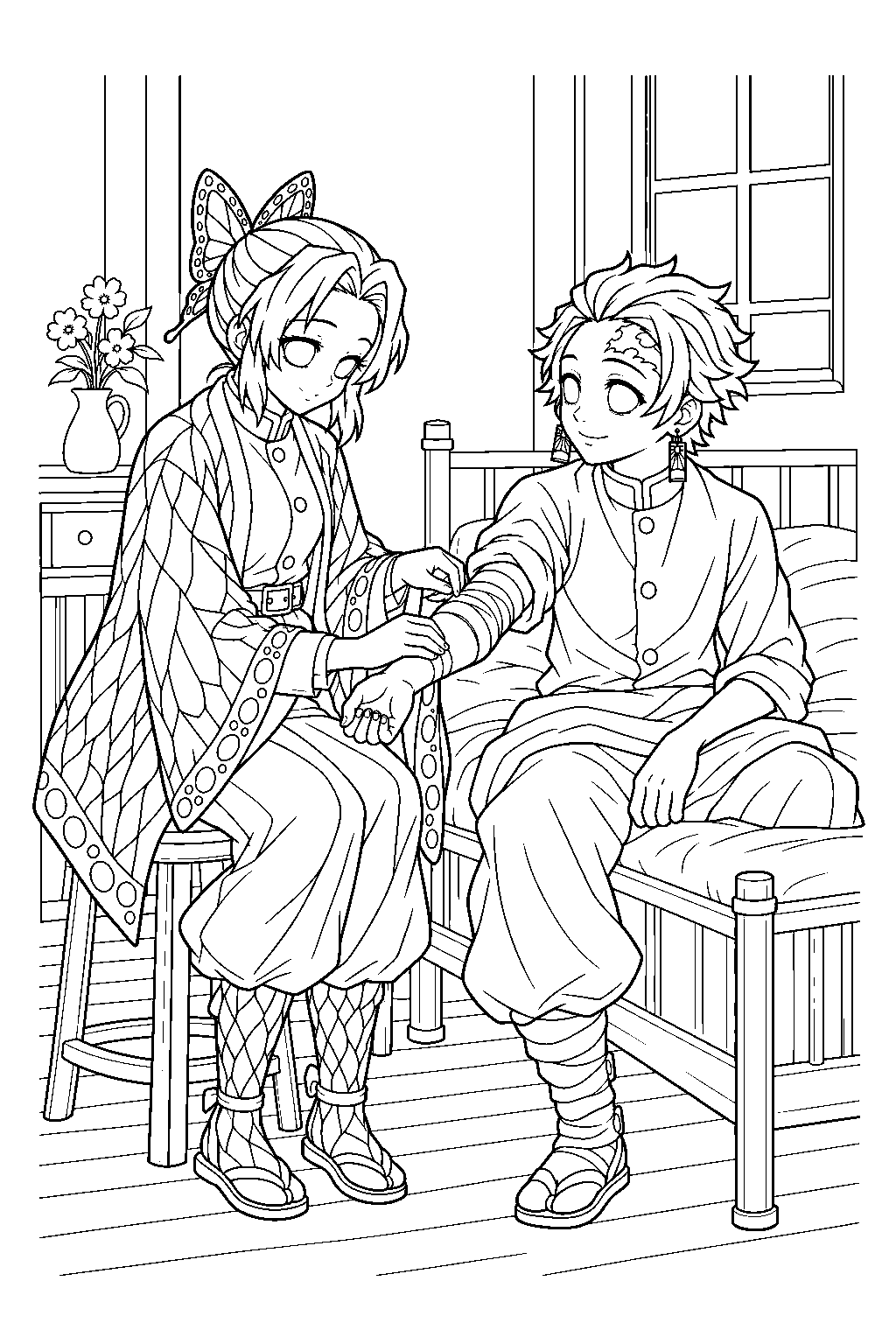 shinobu kocho checking tanjiro kamado s bandaged arm at the butterfly mansion line art